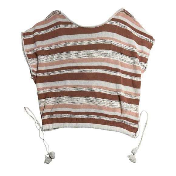 Anthropologie Brown Tan Striped Side Tie Cotton Poncho Top Womens OS - Picture 2 of 8